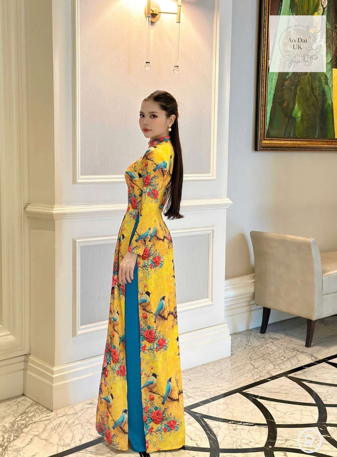 Spring bird and rose pattern Vietnamese Ao dai- Traditional Vietnamese dress