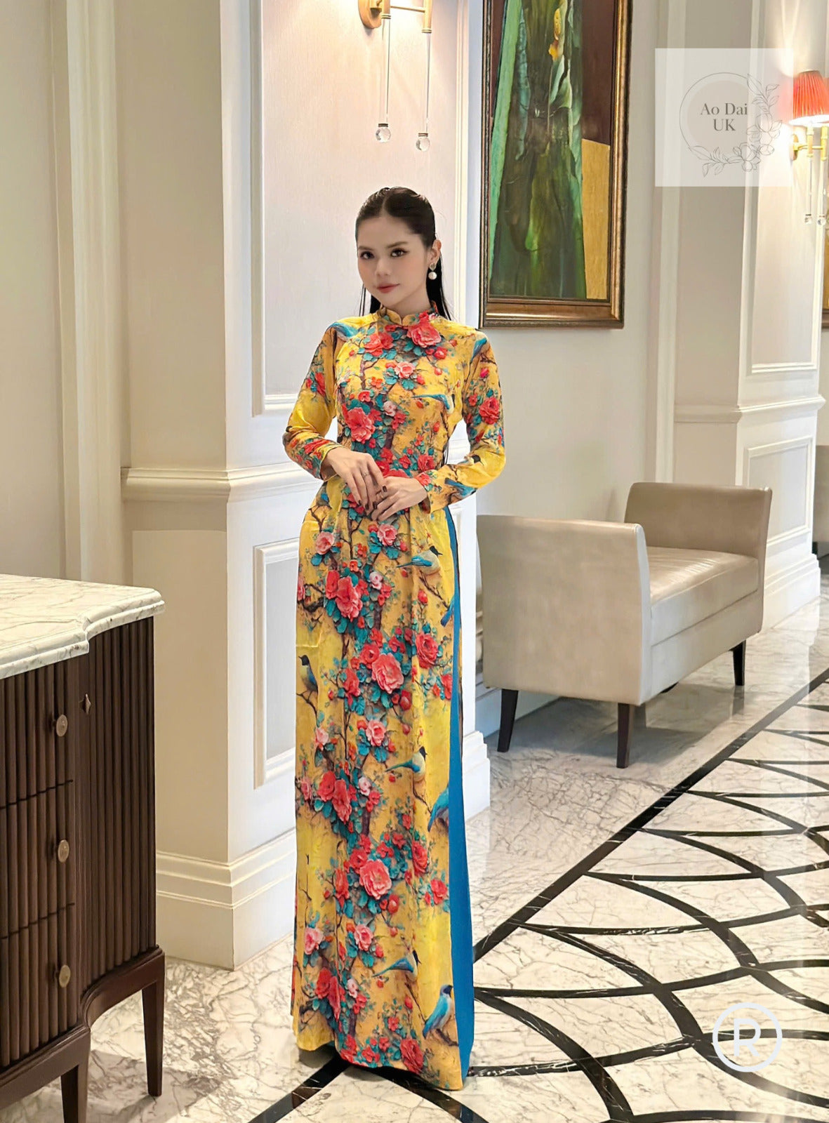 Spring bird and rose pattern Vietnamese Ao dai- Traditional Vietnamese dress