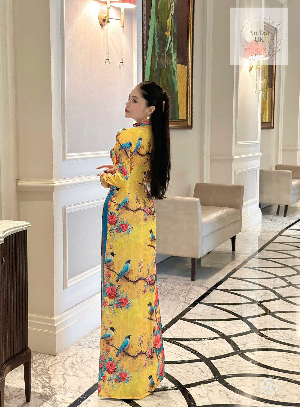 Spring bird and rose pattern Vietnamese Ao dai- Traditional Vietnamese dress
