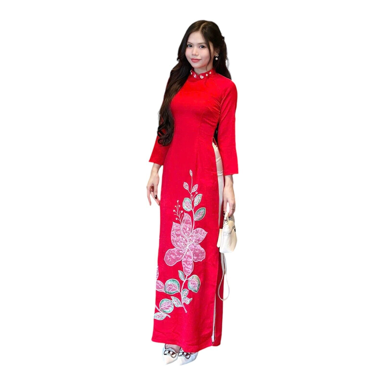 Vietnamese Ao dai with floral embellishments - Traditional Vietnamese aodaiUK Vietnamese Ao dai with floral embellishments - Traditional Vietnamese aodaiUK