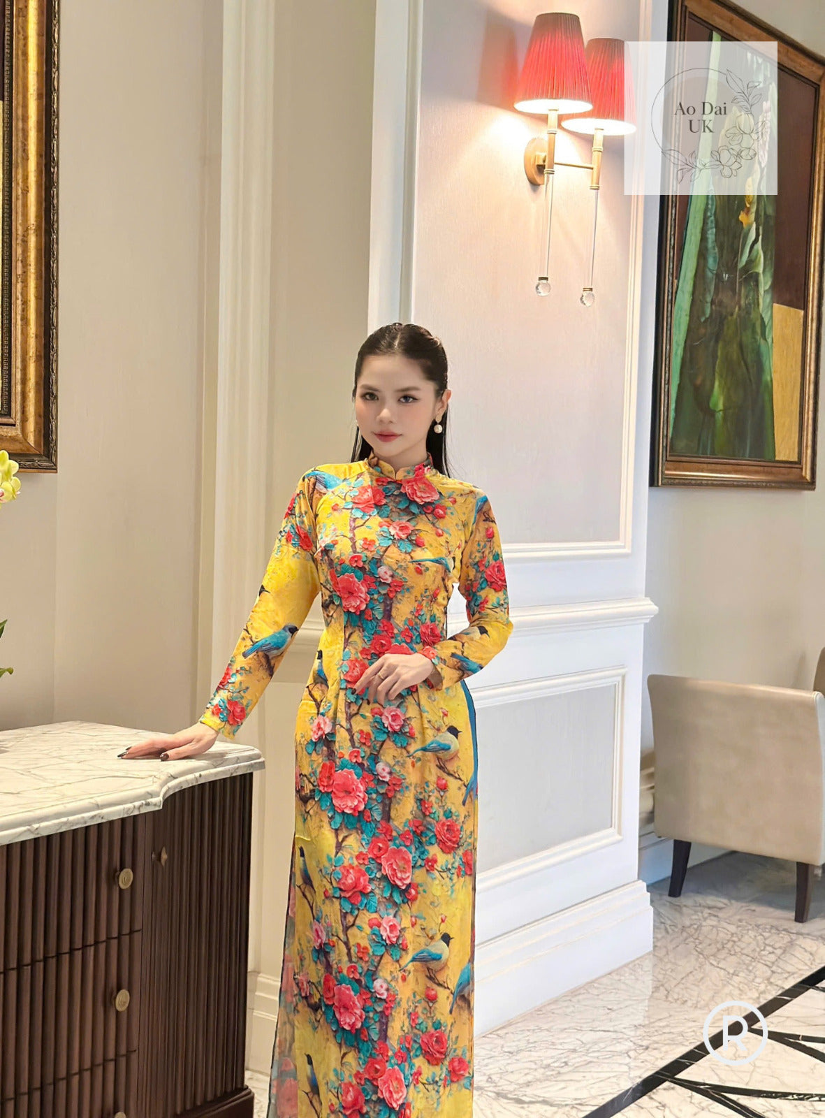 Spring bird and rose pattern Vietnamese Ao dai- Traditional Vietnamese dress