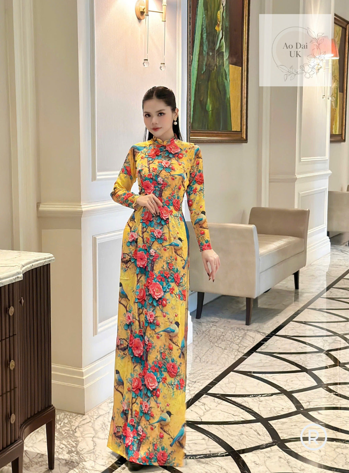 Spring bird and rose pattern Vietnamese Ao dai- Traditional Vietnamese dress