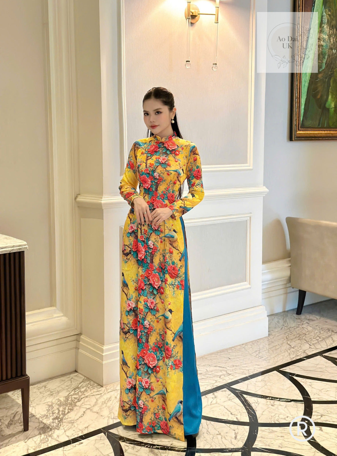 Spring bird and rose pattern Vietnamese Ao dai- Traditional Vietnamese dress