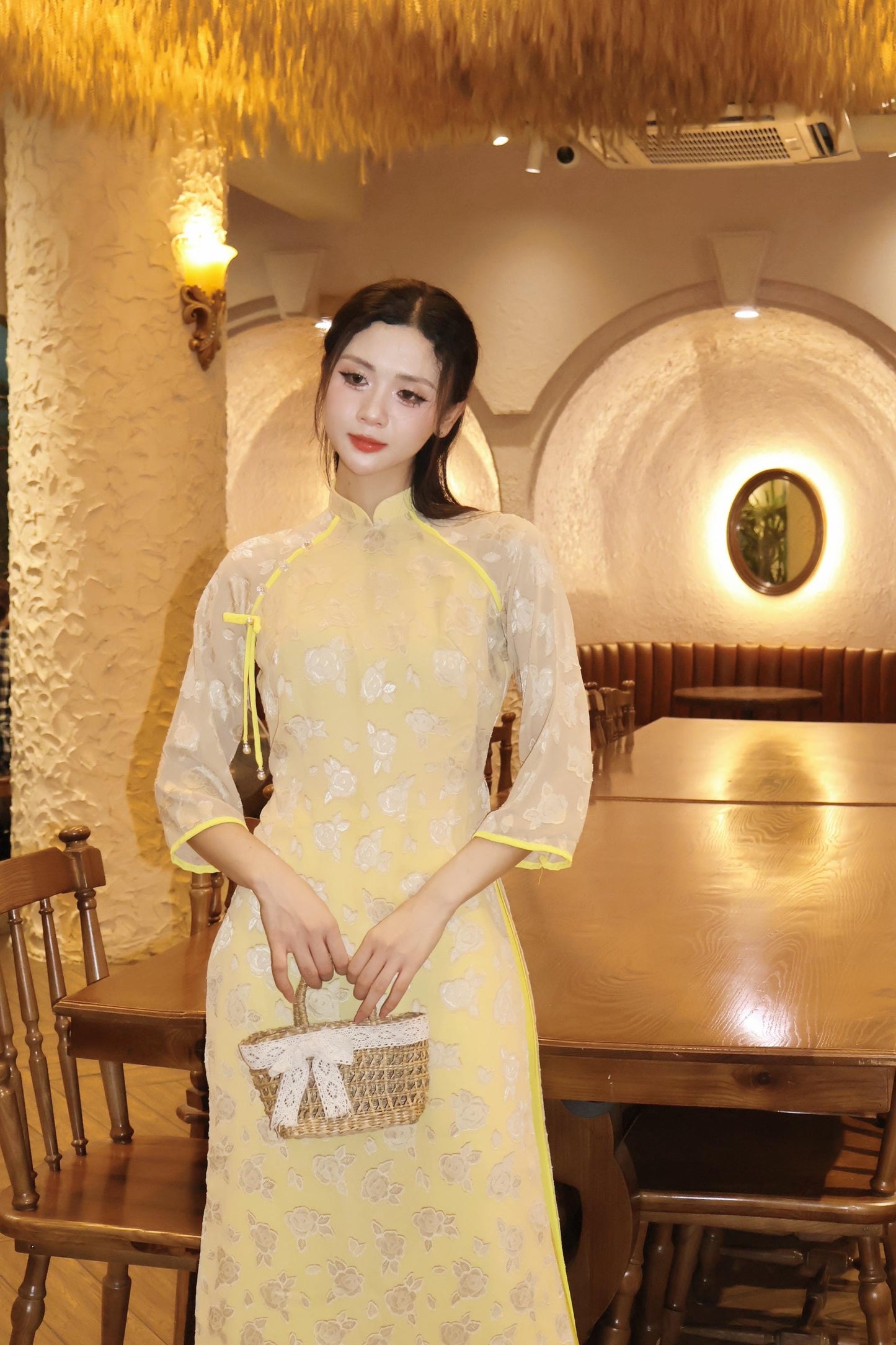 Women chiffon ao dai with velvet heart embossed pattern