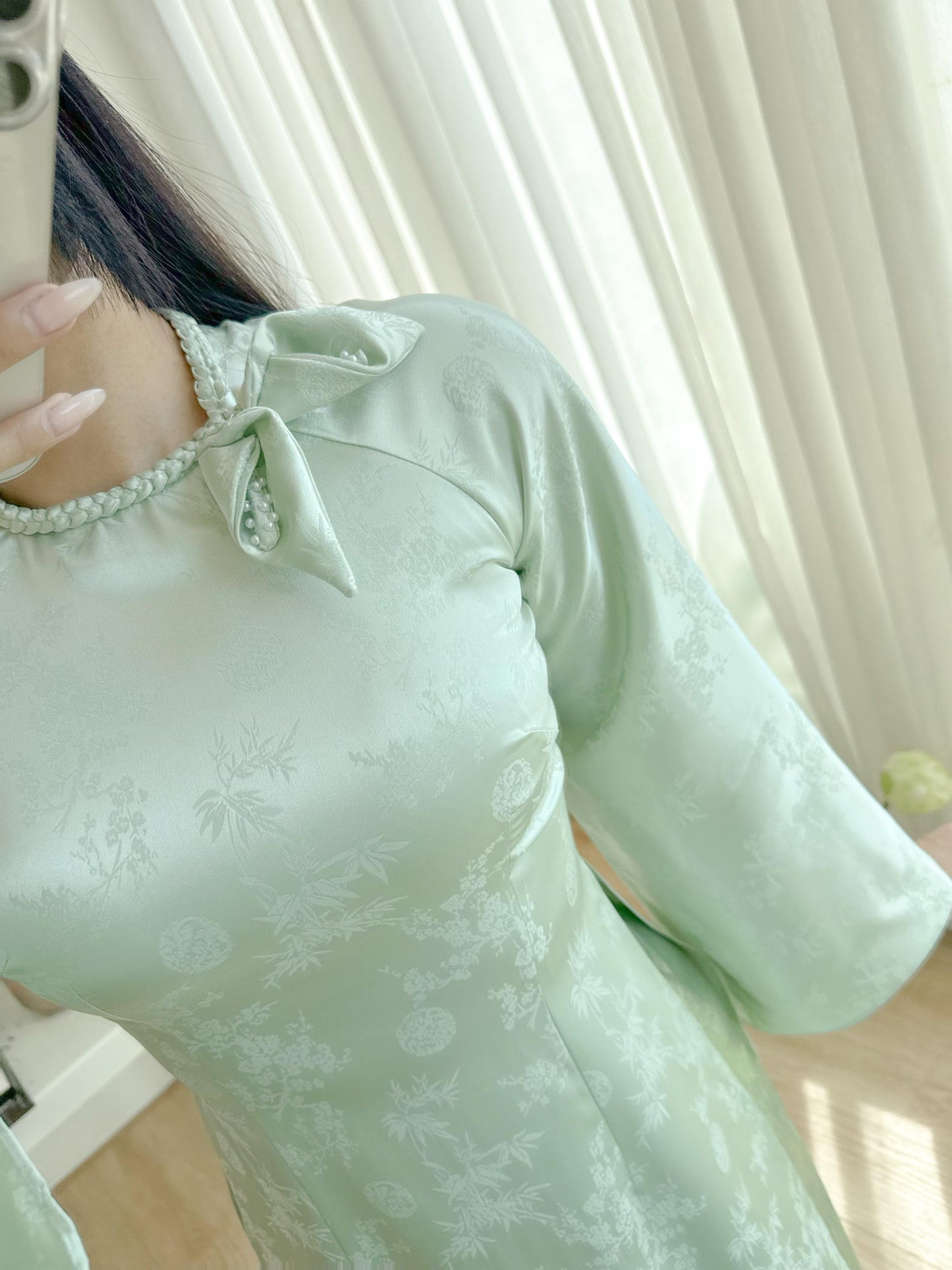 Luxury jacquard silk Ao dai - Ao dai truyen thong - Vietnamese traditional dress for women- Green