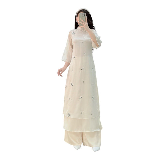 Vietnamese modern Ao Dai- floral embroidery dress for women