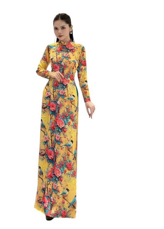 Spring bird and rose pattern Vietnamese Ao dai- Traditional Vietnamese dress