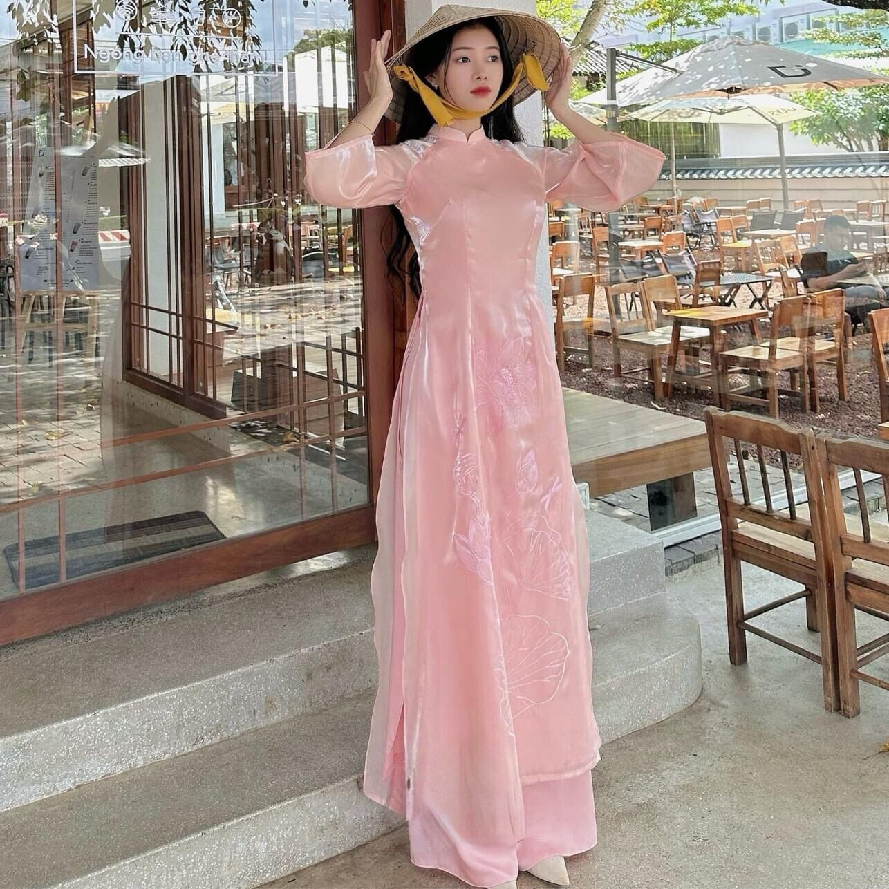 Lotus embroidery Vietnamese Ao dai- pink Vietnamese dress for women