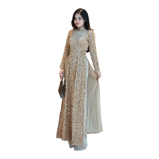 Gold Sequin Velvet Ao dai