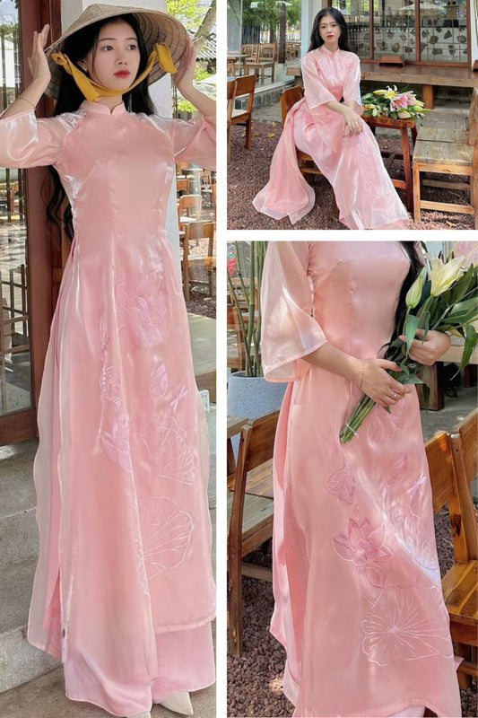 Lotus embroidery Vietnamese Ao dai- pink Vietnamese dress for women