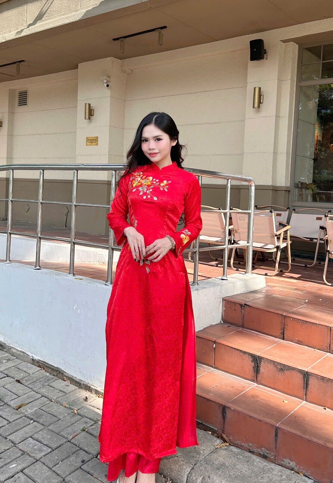 Vietnamese silk Ao dai with poinciana flower embroidery