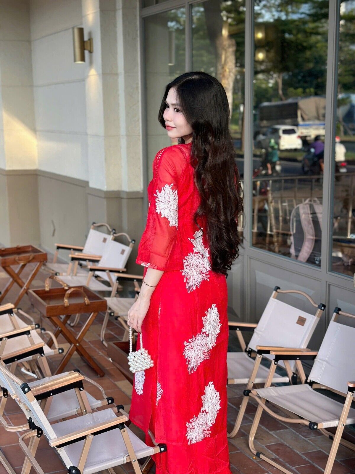 Vietnamese loose fit Ao dai - floral embroidery dress