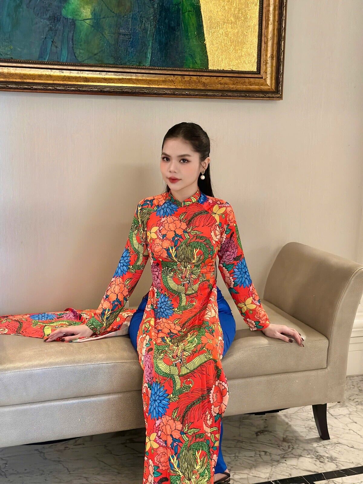 Dragon and floral pattern Vietnamese Ao dai - Trational Vietnamese dress