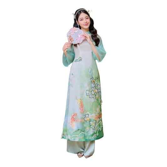 Modern Ao dai with koi fish embellishments