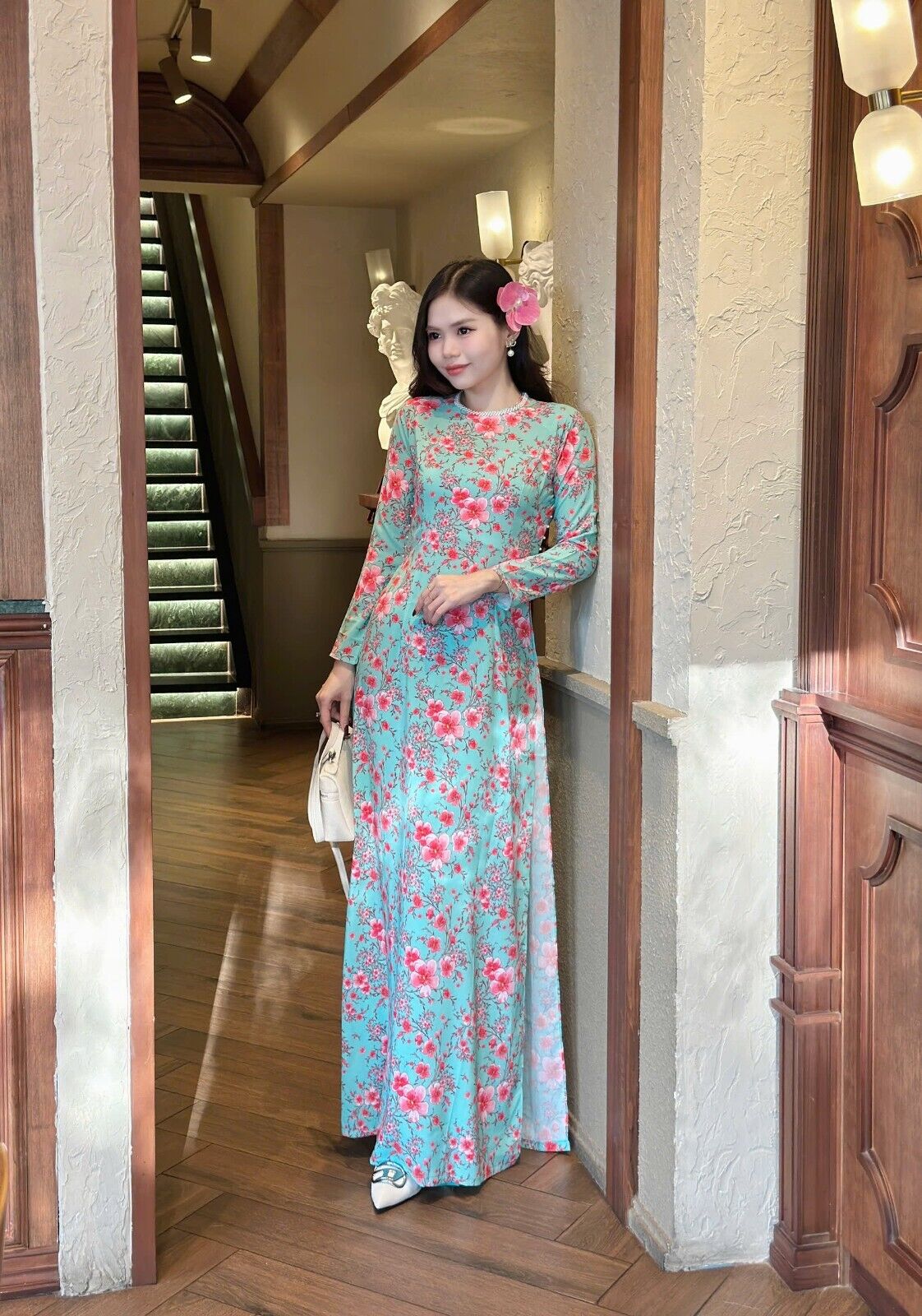 Cherry blossom pattern ao dai with pearl collar - Vietnamese traditional dress