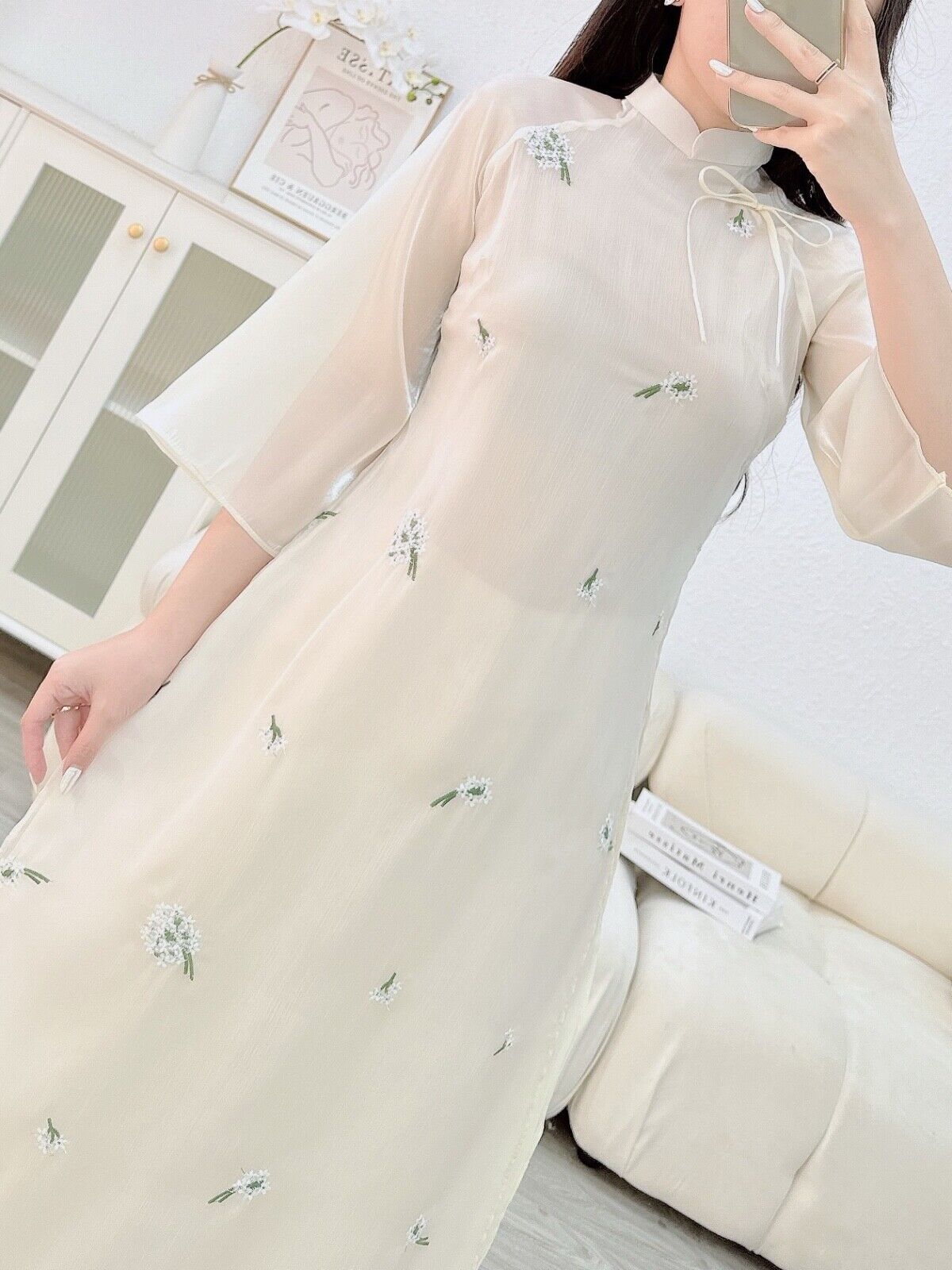 Vietnamese modern Ao Dai- floral embroidery dress for women