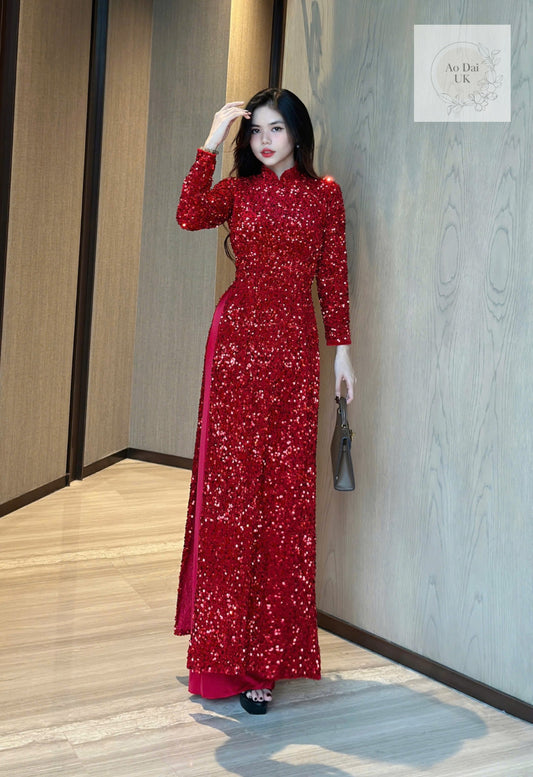 Red Sequin Velvet Ao dai