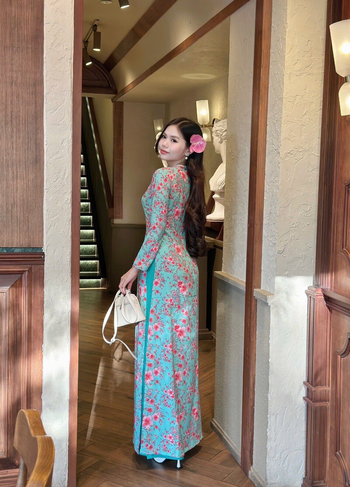 Cherry blossom pattern ao dai with pearl collar - Vietnamese traditional dress