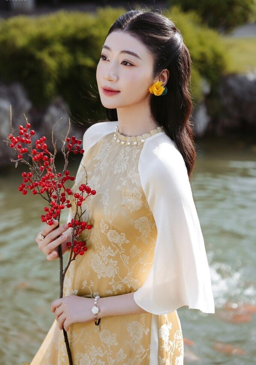 Yellow jacquard silk Ao dai