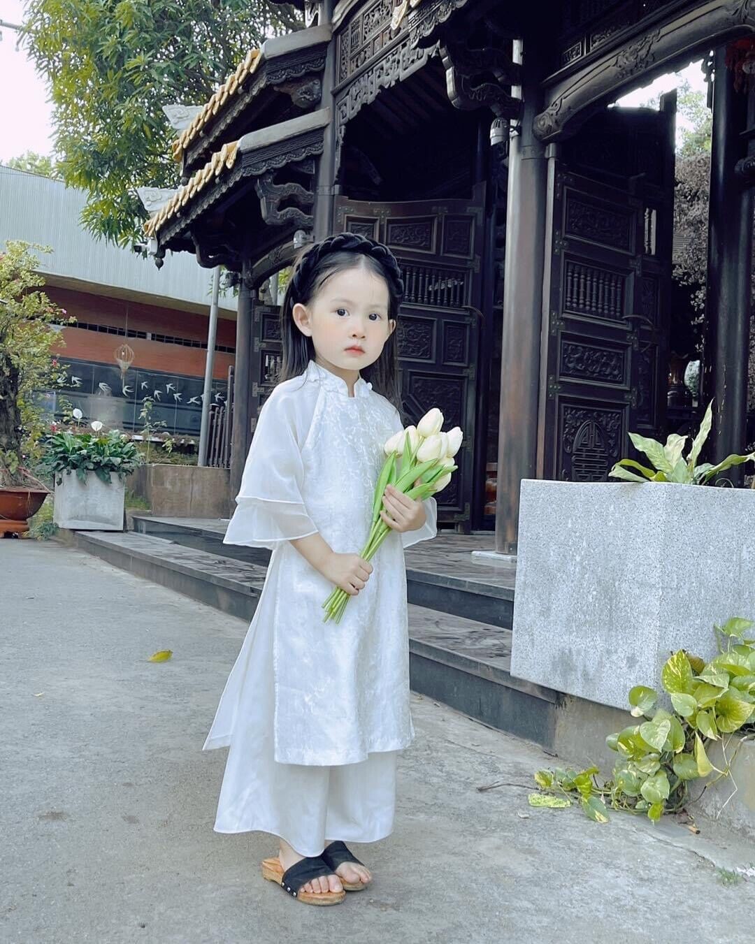 White jacquard silk ao dai for girls 1-16Y