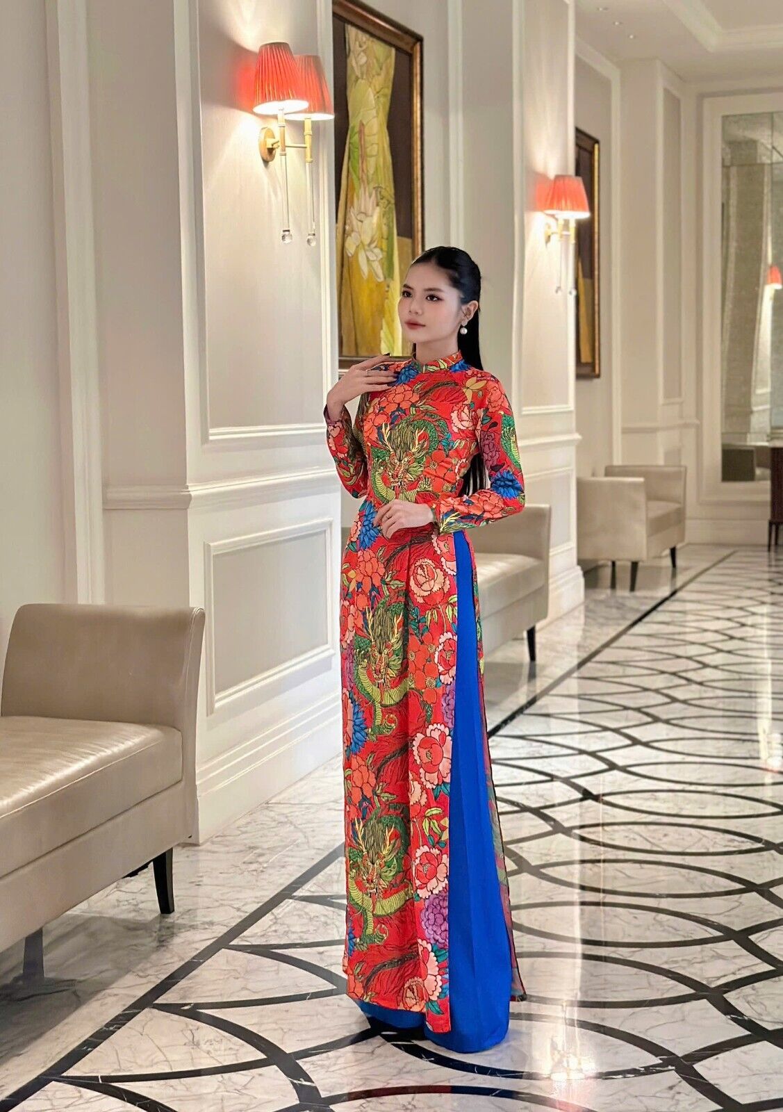 Dragon and floral pattern Vietnamese Ao dai - Trational Vietnamese dress