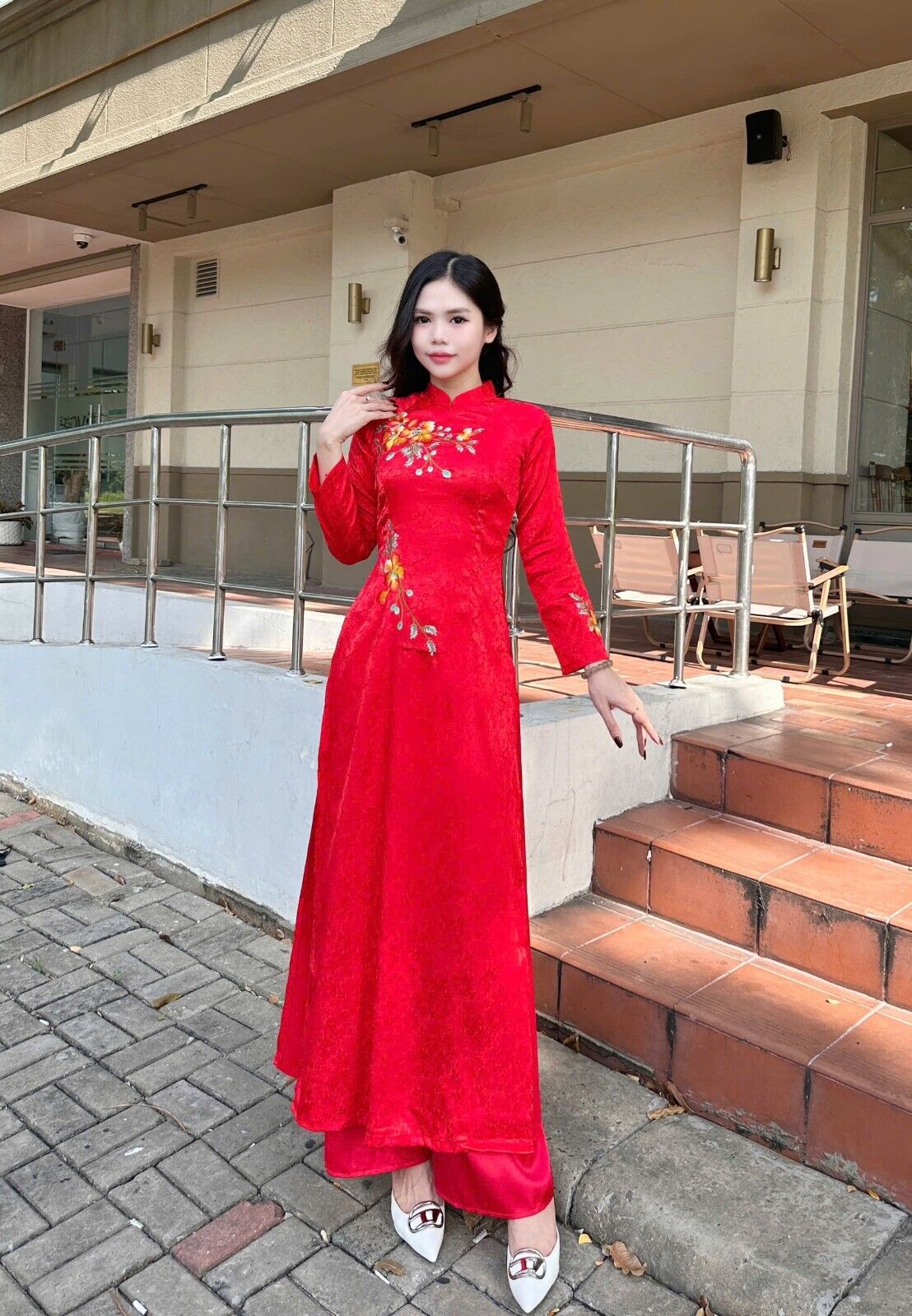 Vietnamese silk Ao dai with poinciana flower embroidery