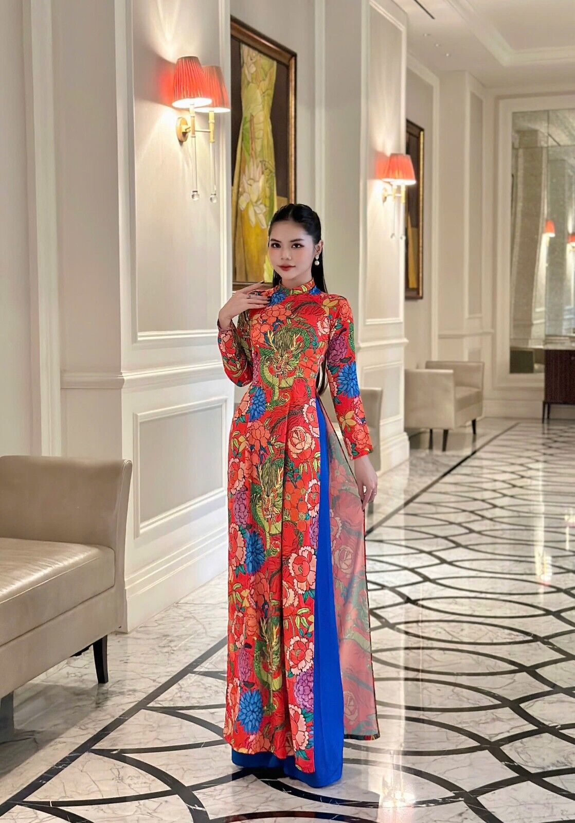 Dragon and floral pattern Vietnamese Ao dai - Trational Vietnamese dress