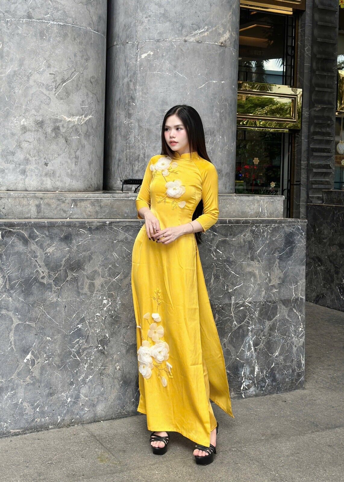 Vietnamese silk Ao dai with 3d flowers