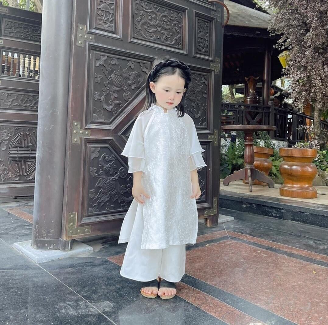 White jacquard silk ao dai for girls 1-16Y