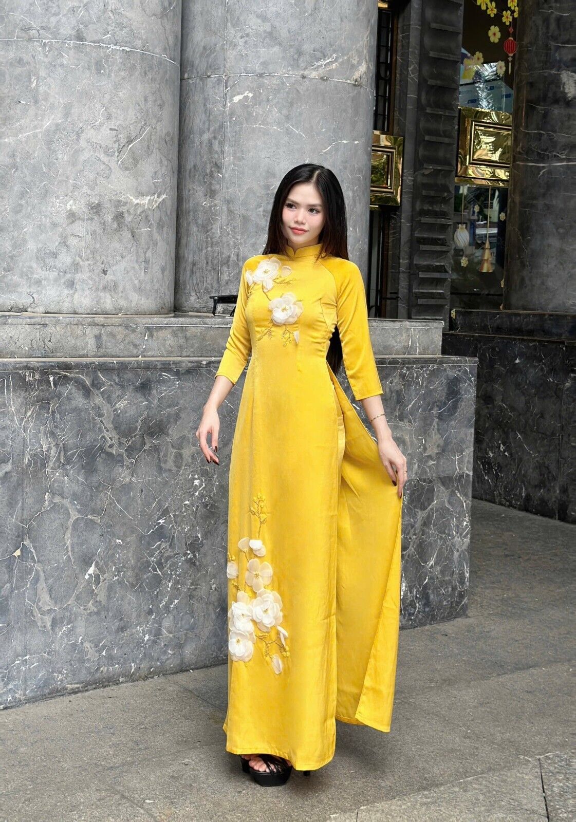 Vietnamese silk Ao dai with 3d flowers