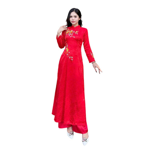 Vietnamese silk Ao dai with poinciana flower embroidery