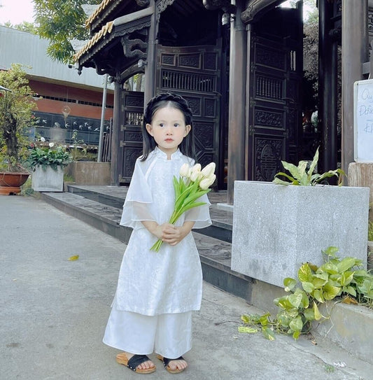 White jacquard silk ao dai for girls 1-16Y