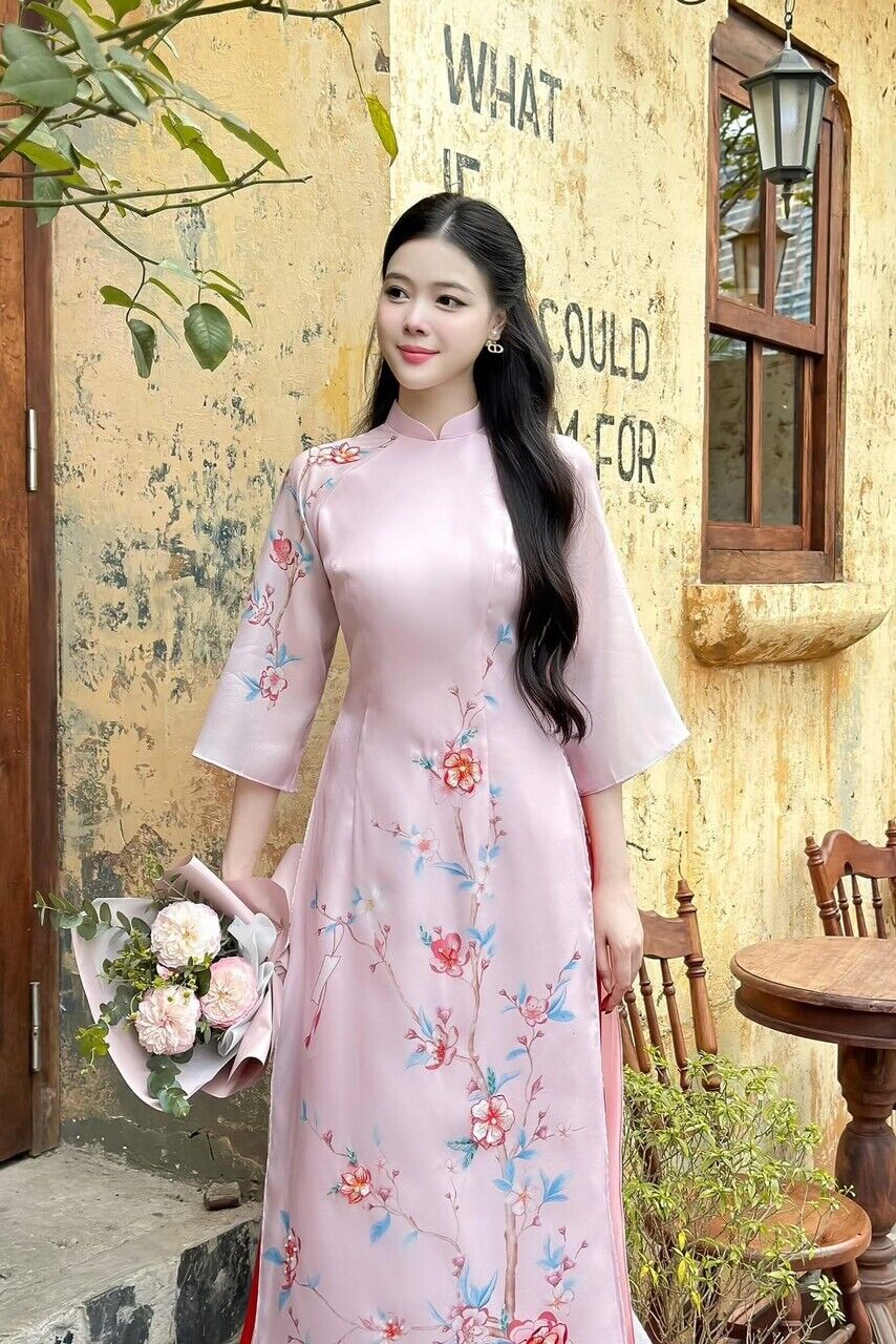 Vietnamese traditional áo dài with 3d flower embellishments