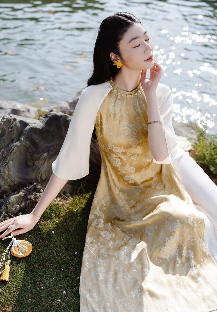 Yellow jacquard silk Ao dai