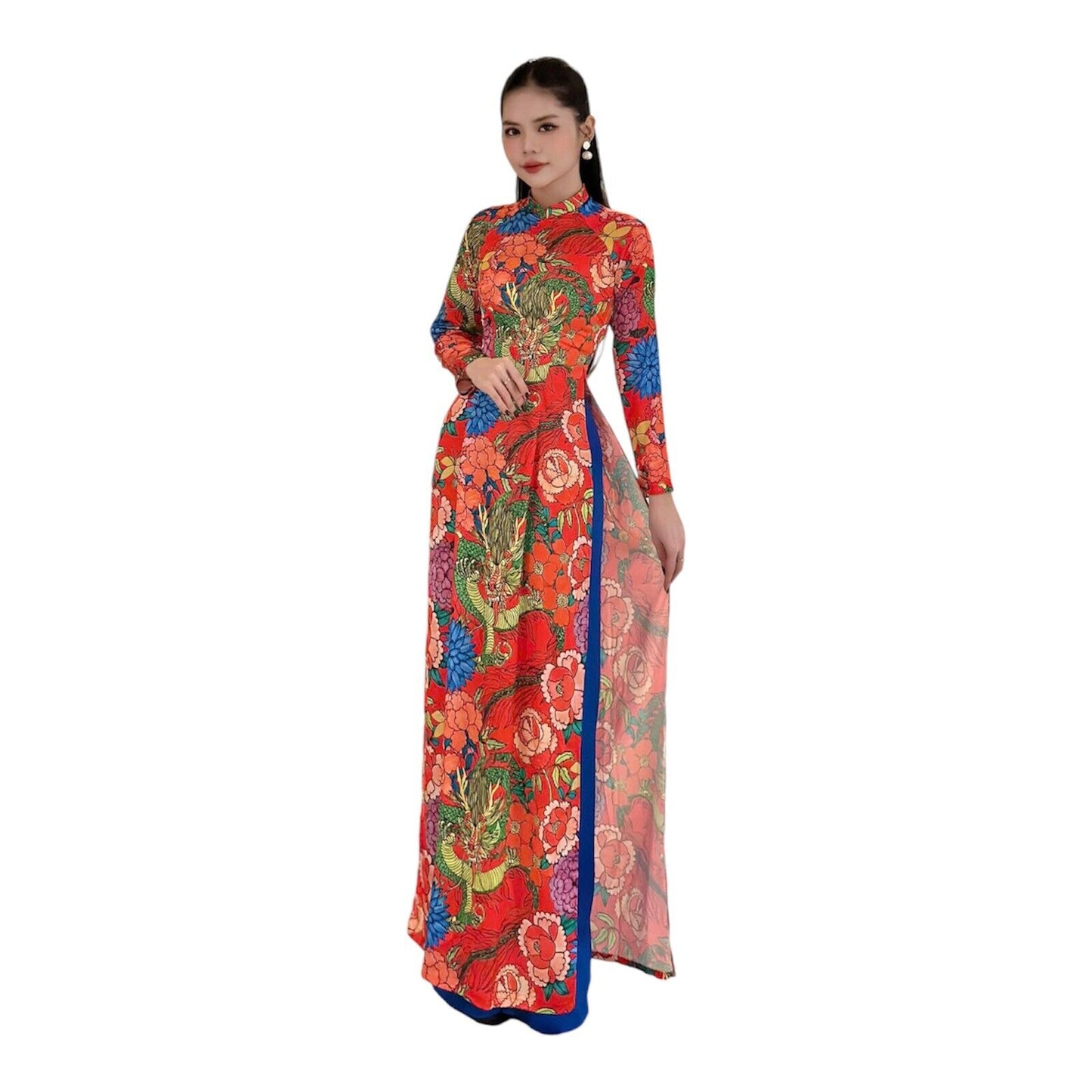 Dragon and floral pattern Vietnamese Ao dai - Trational Vietnamese dress