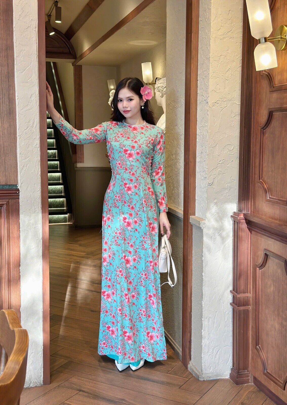 Cherry blossom pattern ao dai with pearl collar - Vietnamese traditional dress