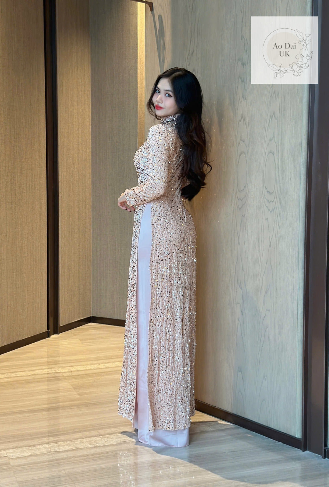 Nude Pink Sequin Vietnamese Ao Dai