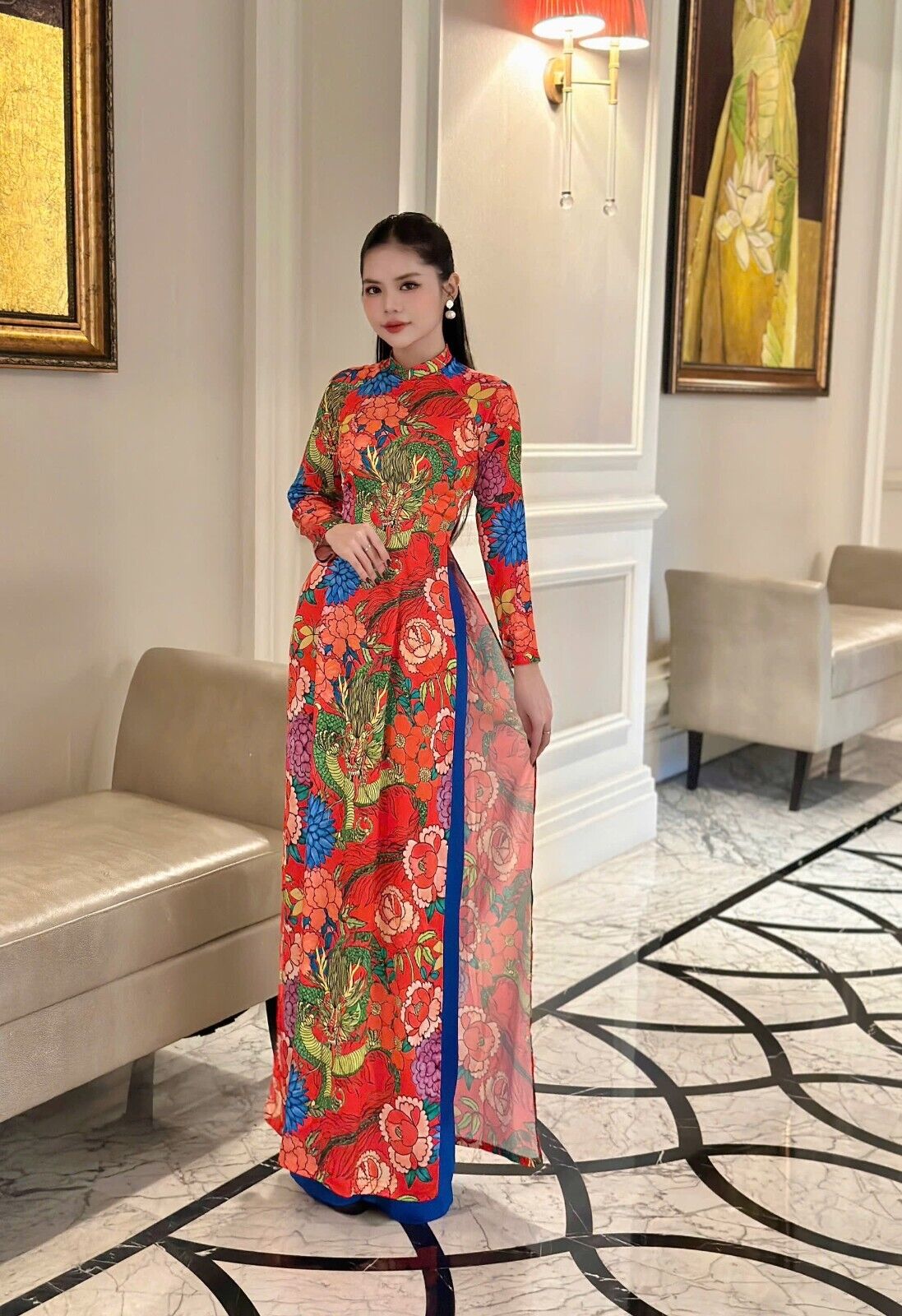 Dragon and floral pattern Vietnamese Ao dai - Trational Vietnamese dress