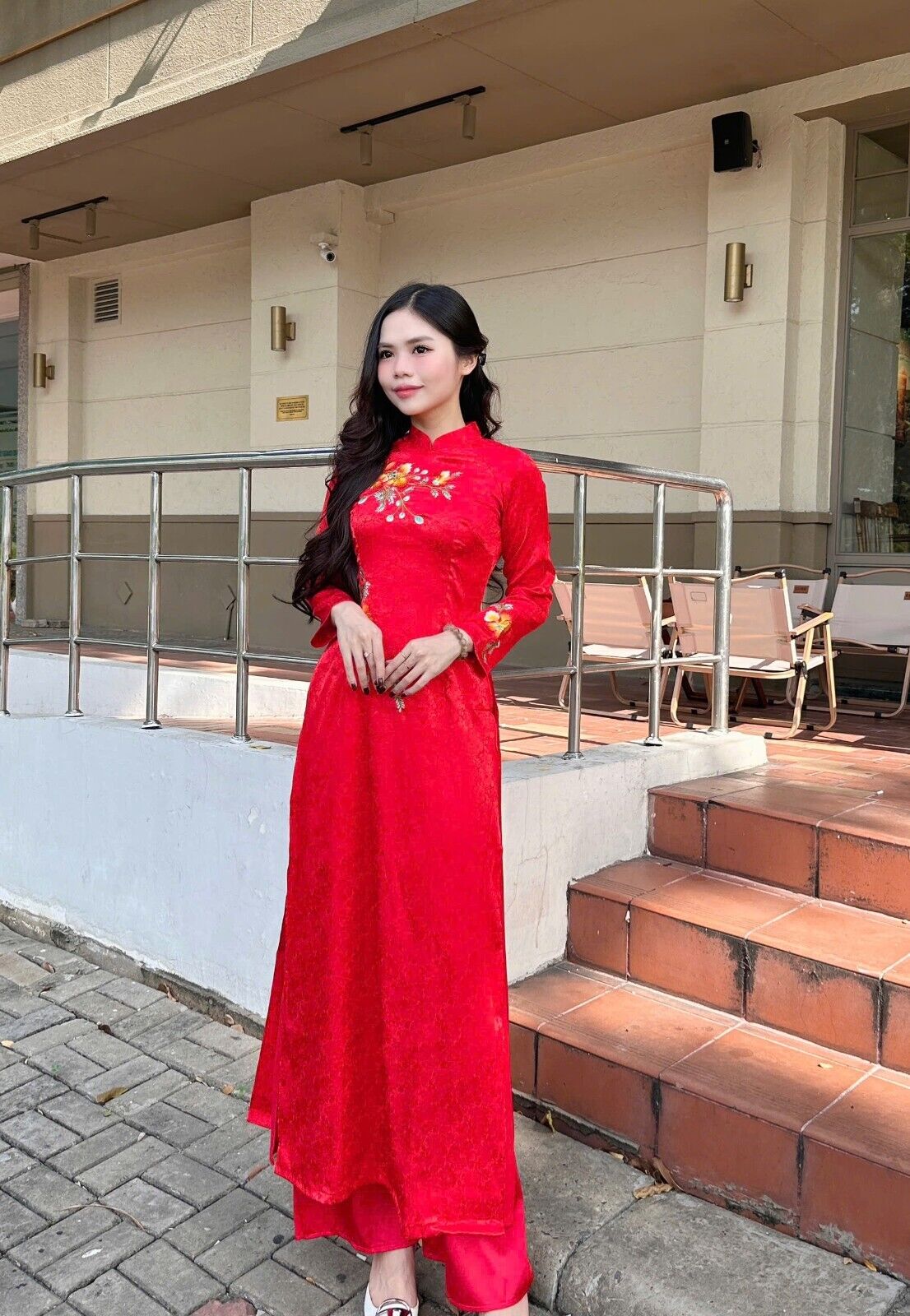 Vietnamese silk Ao dai with poinciana flower embroidery