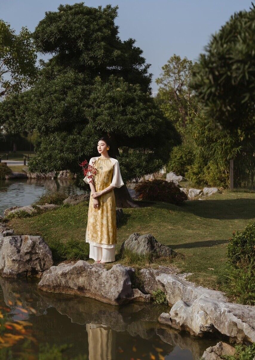 Yellow jacquard silk Ao dai