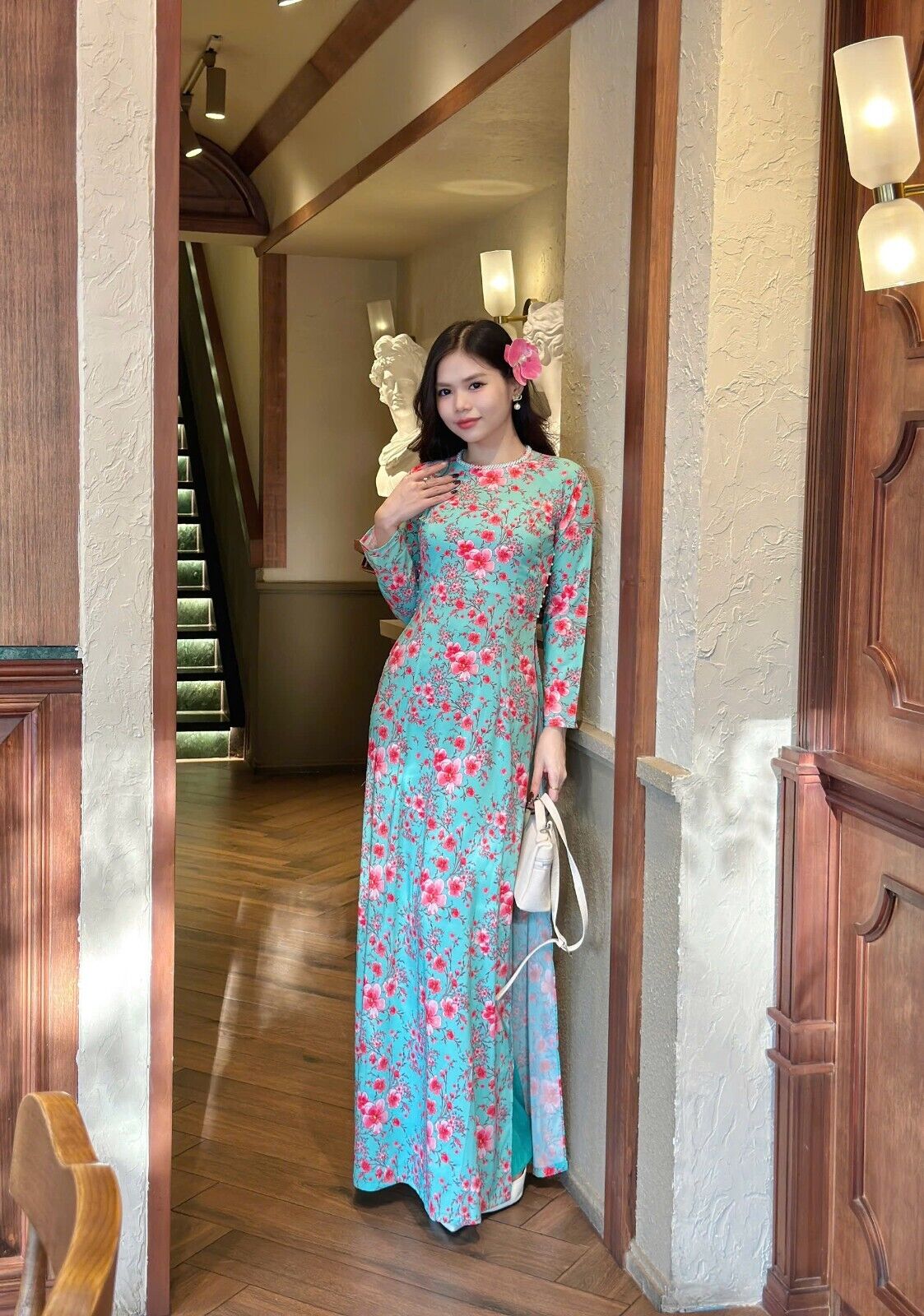 Cherry blossom pattern ao dai with pearl collar - Vietnamese traditional dress