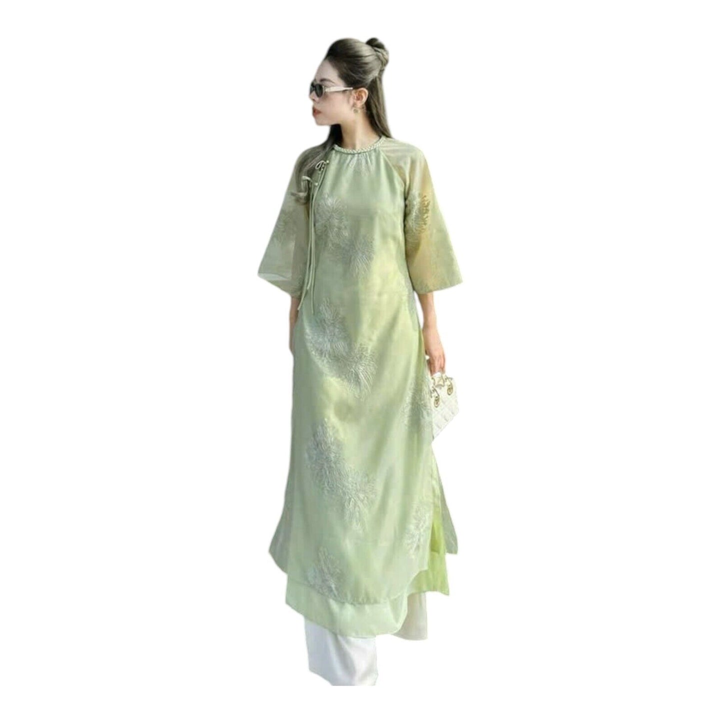 Vietnamese modern ao dai in green colour- Ao Dai loose fit, big sizes, over size