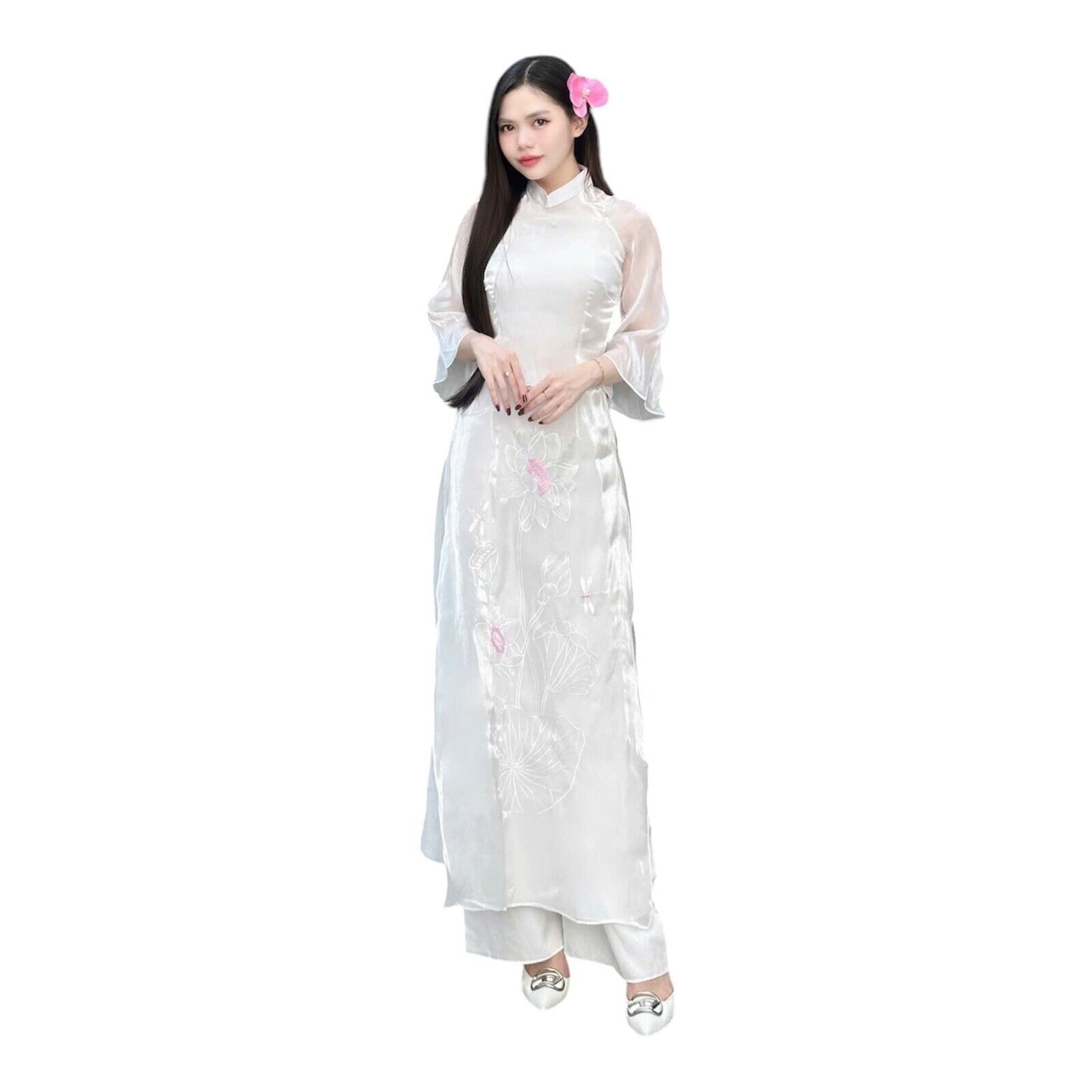 White Lotus embroiry Ao dai - Vietnamese  dress