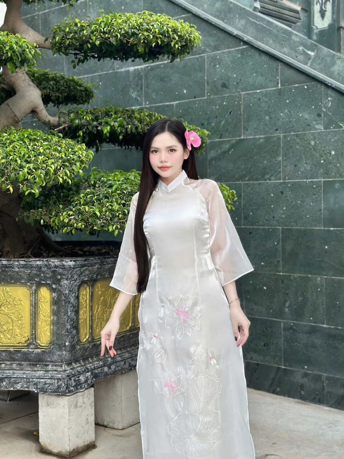 White Lotus embroiry Ao dai - Vietnamese  dress