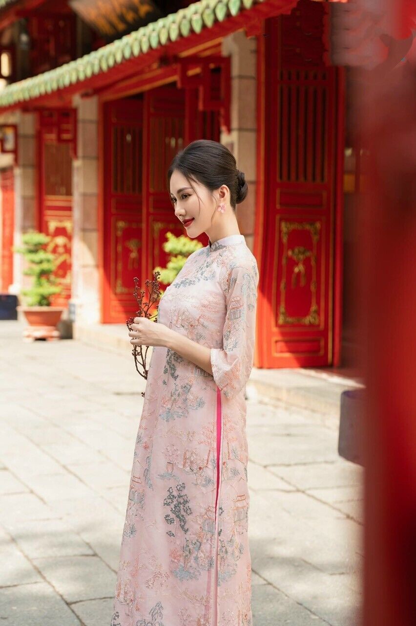 Vietnamese  embroidered ao dai for women- Ao dai cach tan