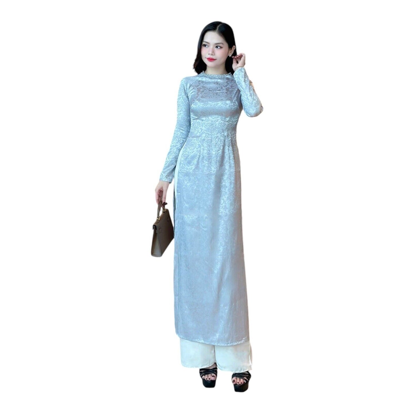 Vietnamese jacquard silk Ao dai with pearl collar S-3XL