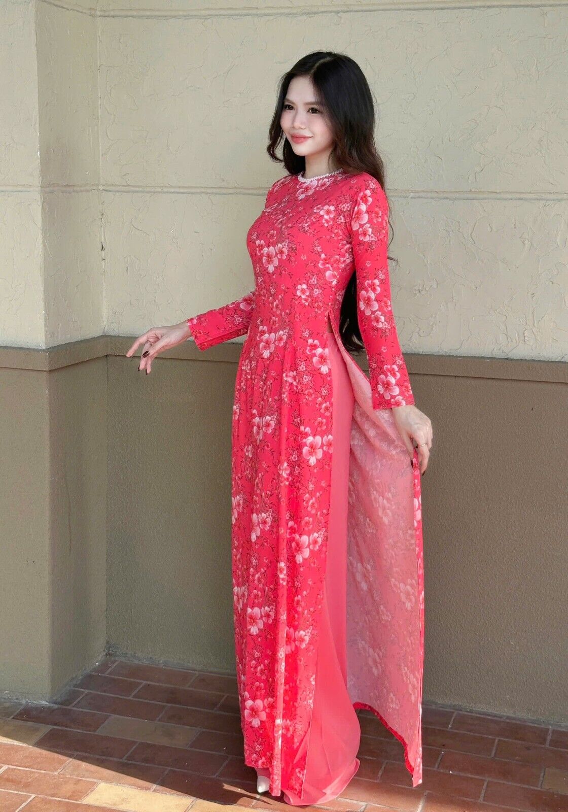 Cherry blossom floral pattern Ao dai - Vietnamese women dress