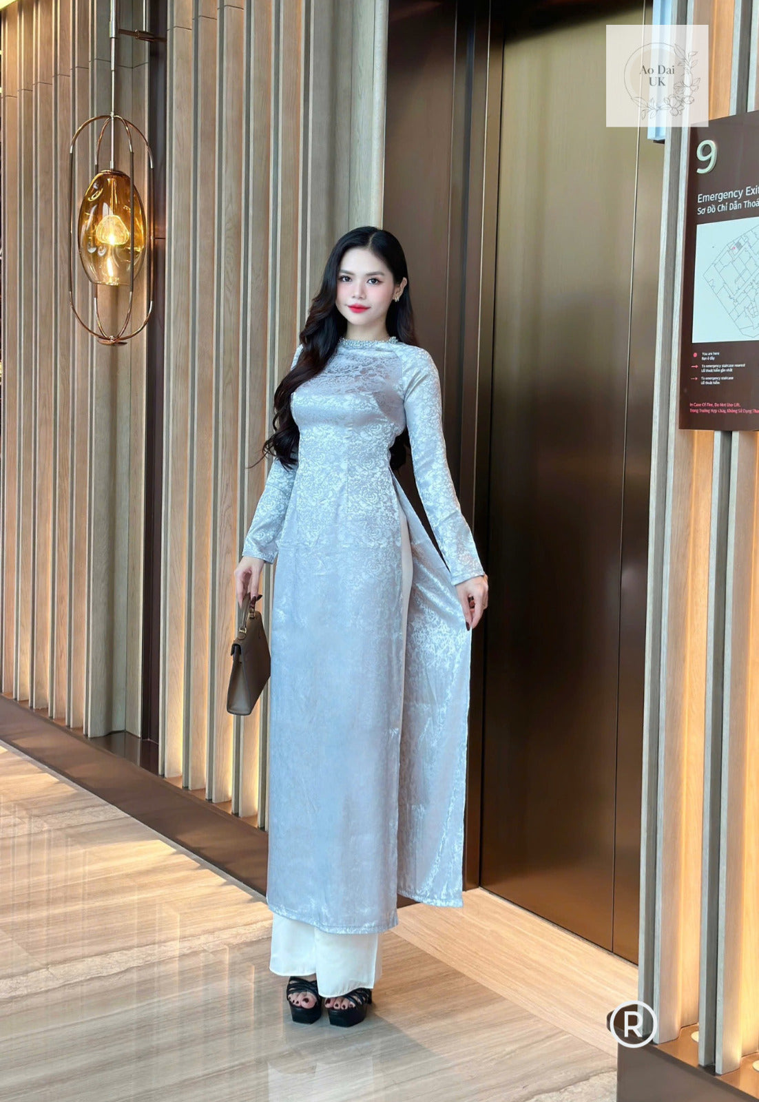 Vietnamese jacquard silk Ao dai with pearl collar S-3XL