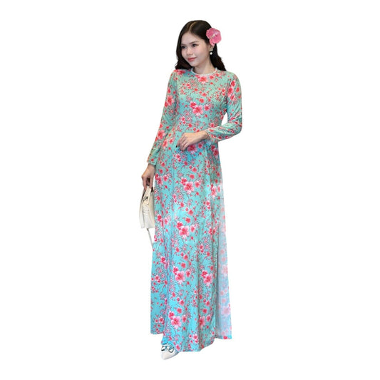 Cherry blossom pattern ao dai with pearl collar - Vietnamese traditional dress