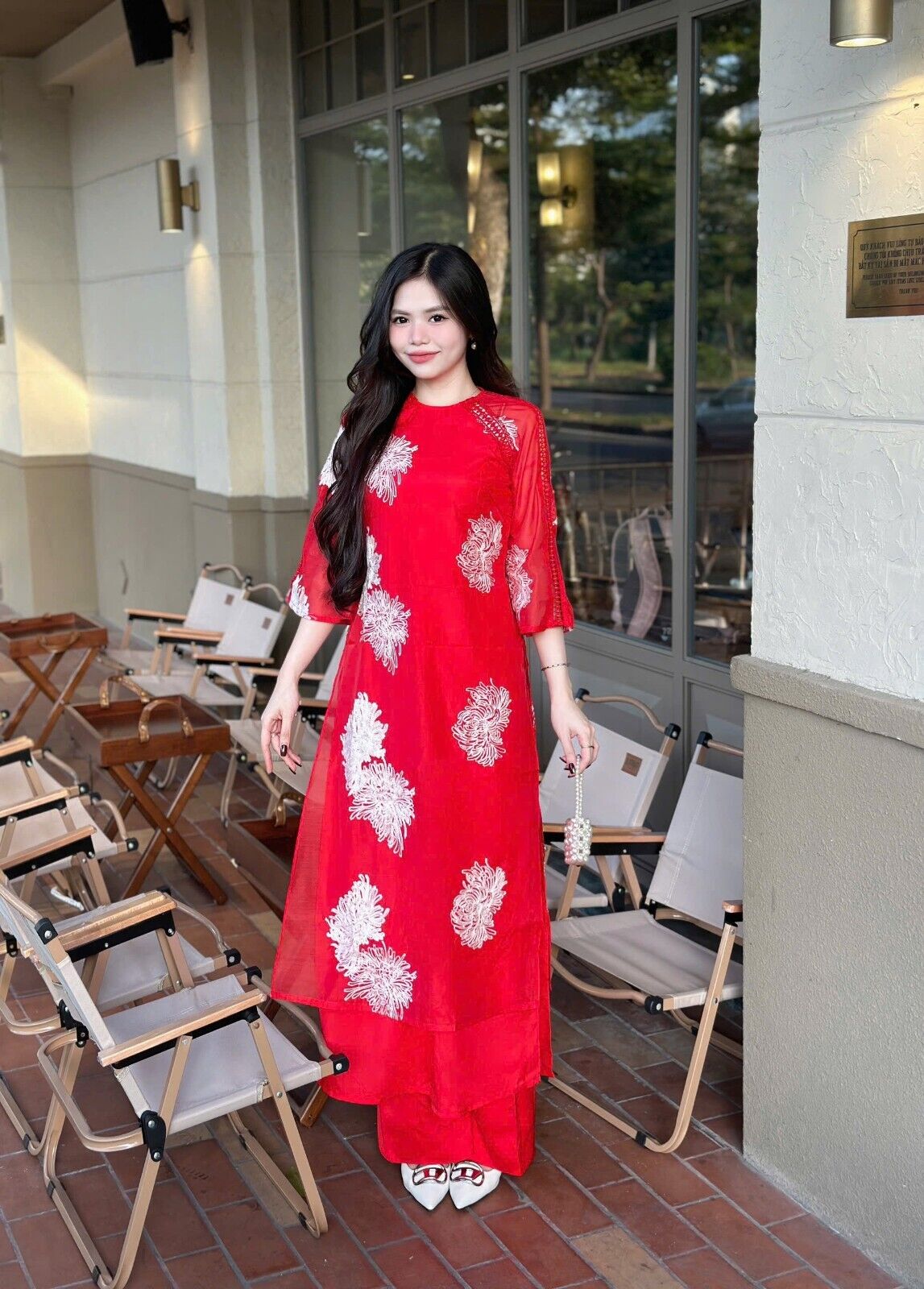 Vietnamese loose fit Ao dai - floral embroidery dress